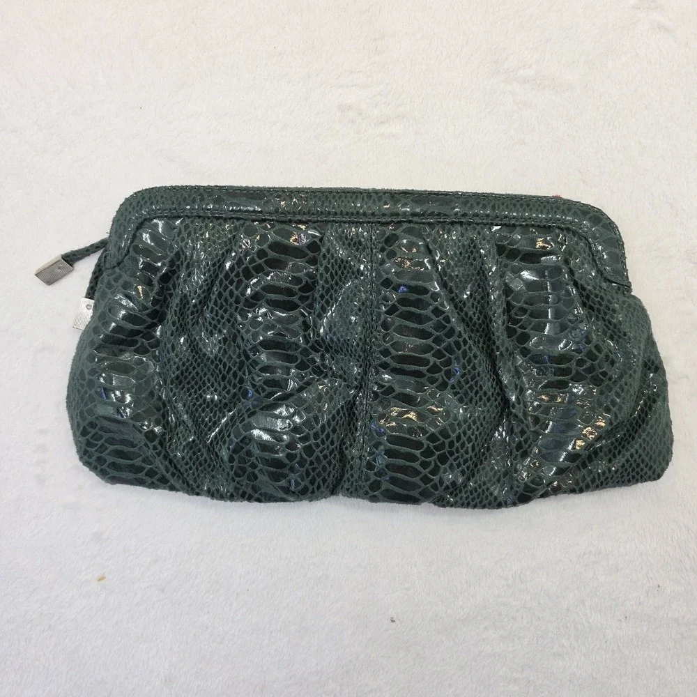 H&M Green Faux Snakeskin Clutch Wristlet Zip Pouch Evening Bag
